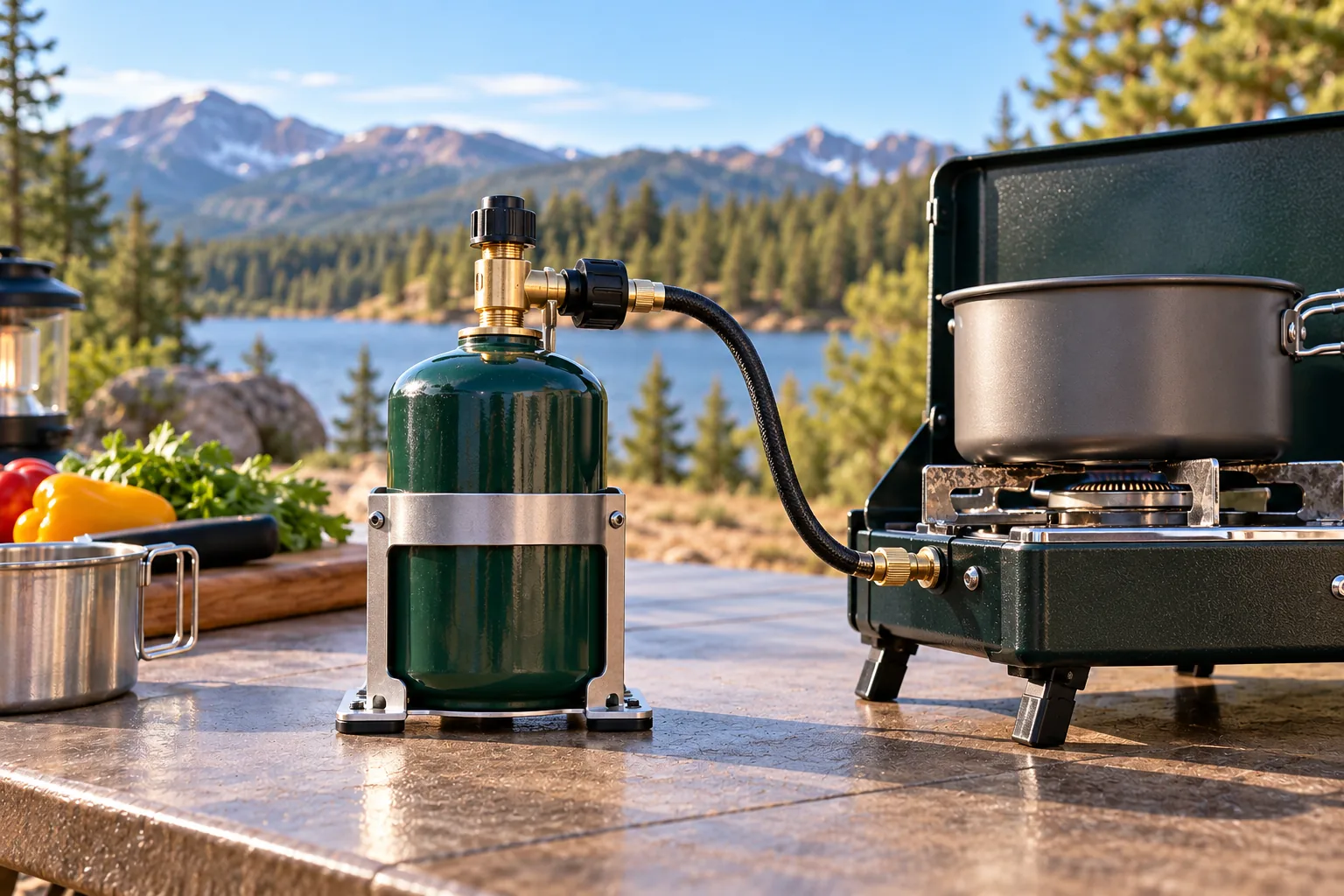 An upright propane cylinder is held by a retaining bracket beside a camping stove on a stable outdoor surface.