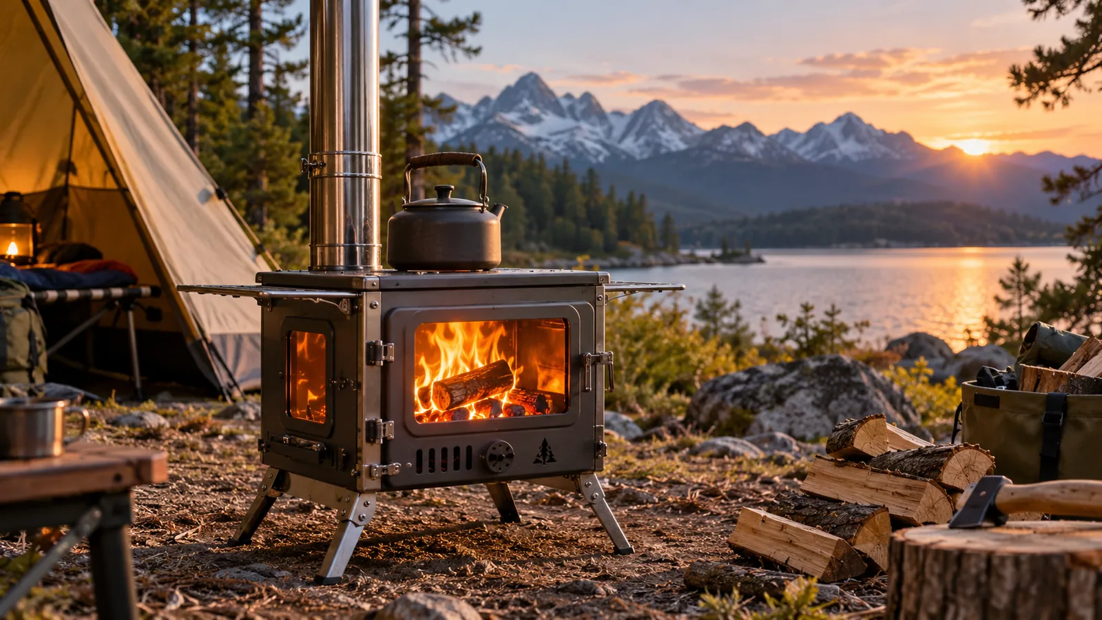 A portable wood-burning camp stove with a flue and kettle stands at a campsite beside a tent and firewood.