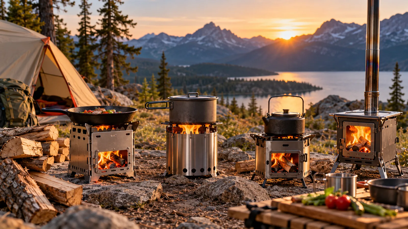 Several portable wood-burning camping stoves are set up at a mountain campsite.