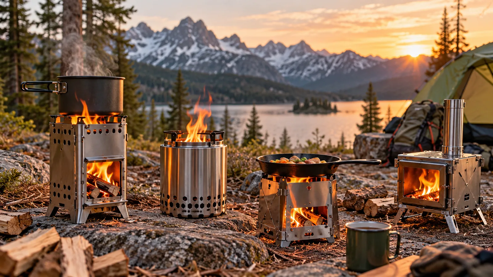 Portable wood-burning stoves cook over small fires at a lakeside campsite.