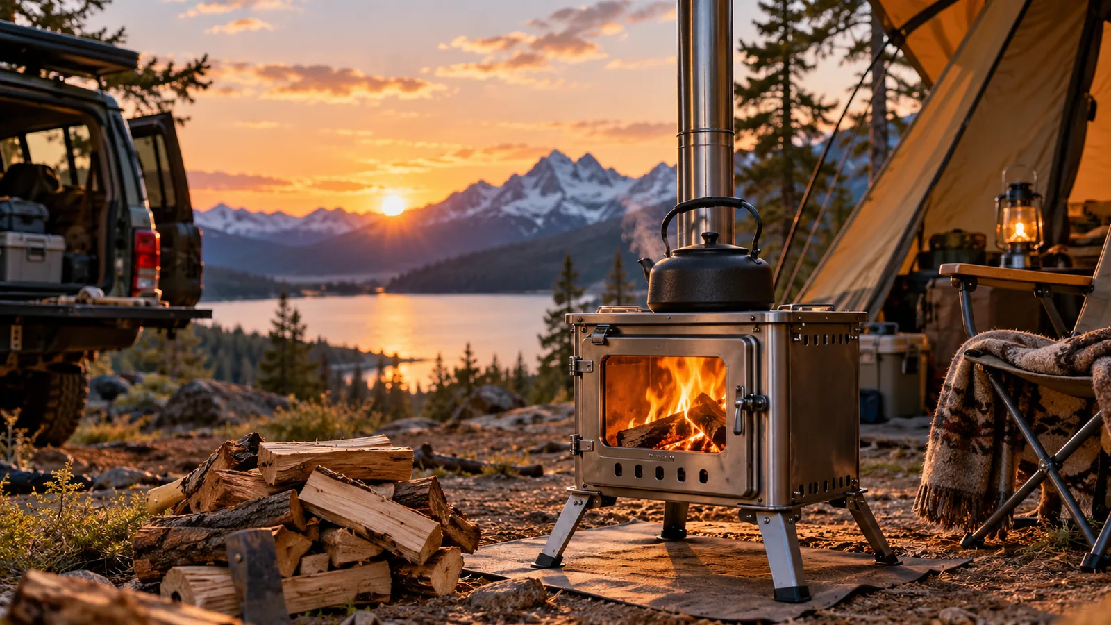 A portable wood stove with a chimney pipe burning wood at an outdoor campsite.
