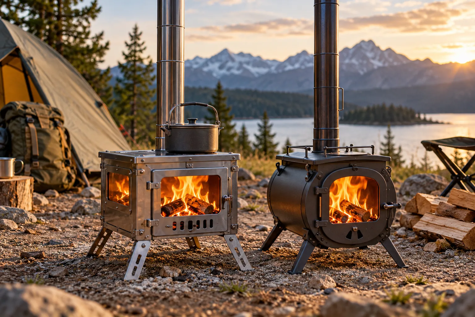 Two portable wood-burning camp stoves with chimneys stand on open ground at a campsite.