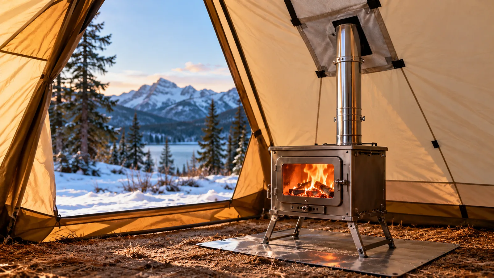 A portable wood stove on a metal floor plate inside a tent, with its stovepipe passing through a dedicated tent opening.