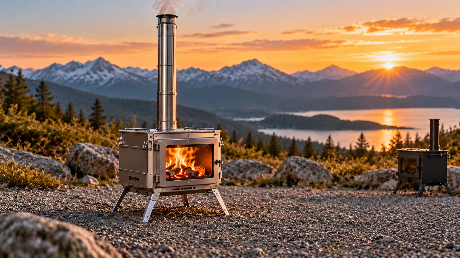 A portable wood-burning stove burns on level gravel with its flue pipe upright at a mountain campsite.
