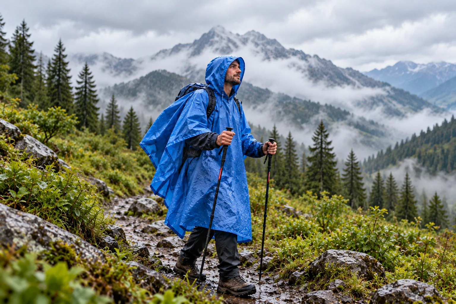 A hiker wearing a blue rain poncho over a backpack on a misty mountain trail.