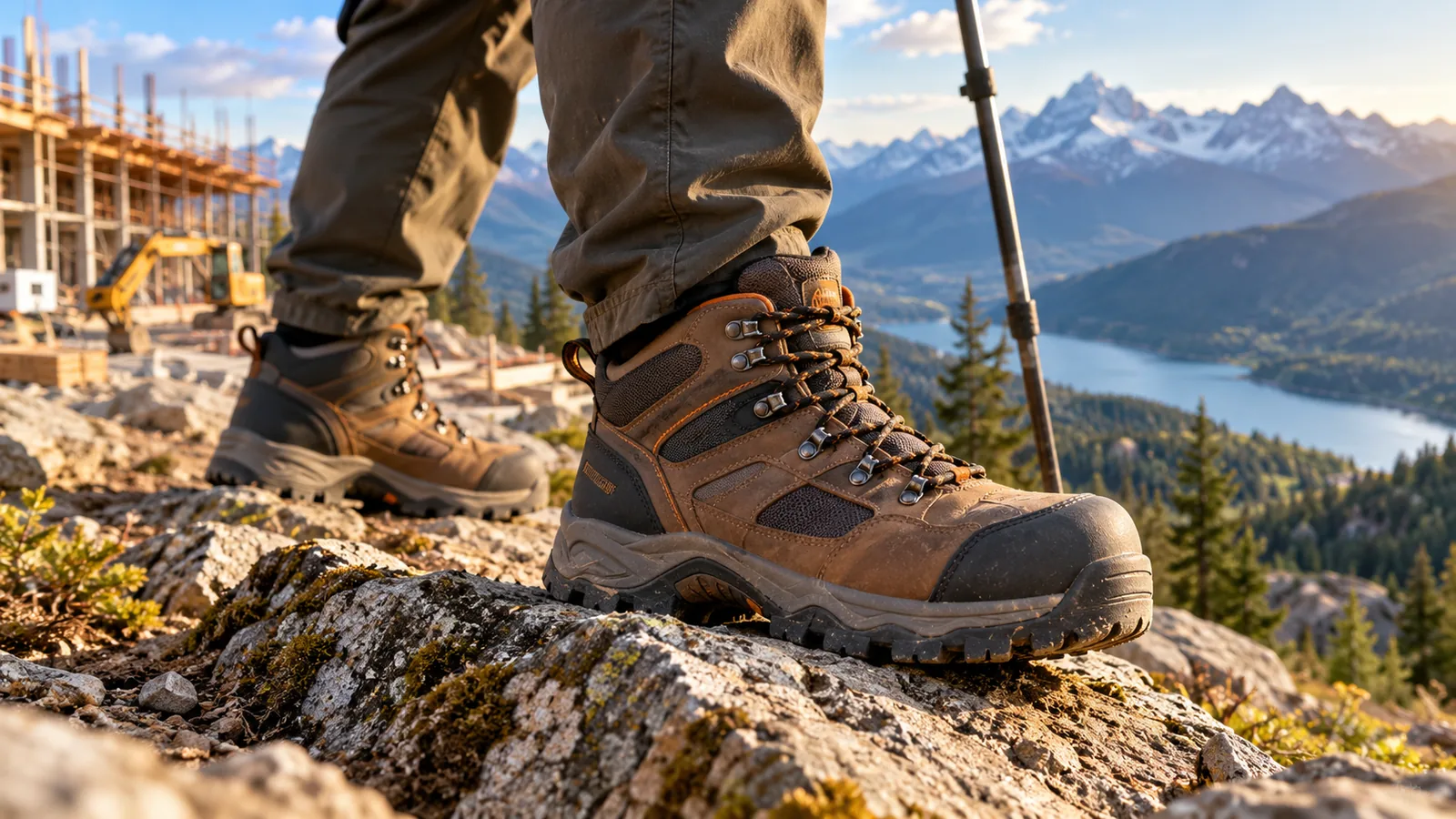 A person wears a rugged hiking boot on a rocky trail near a construction site.