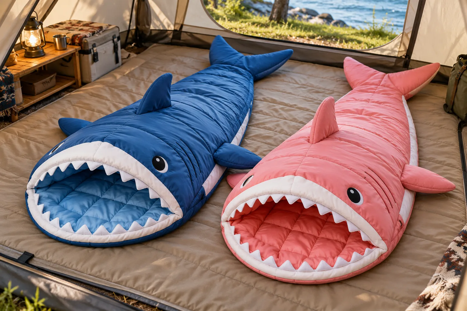 Blue and pink shark-shaped children’s sleeping bags laid side by side inside a tent.