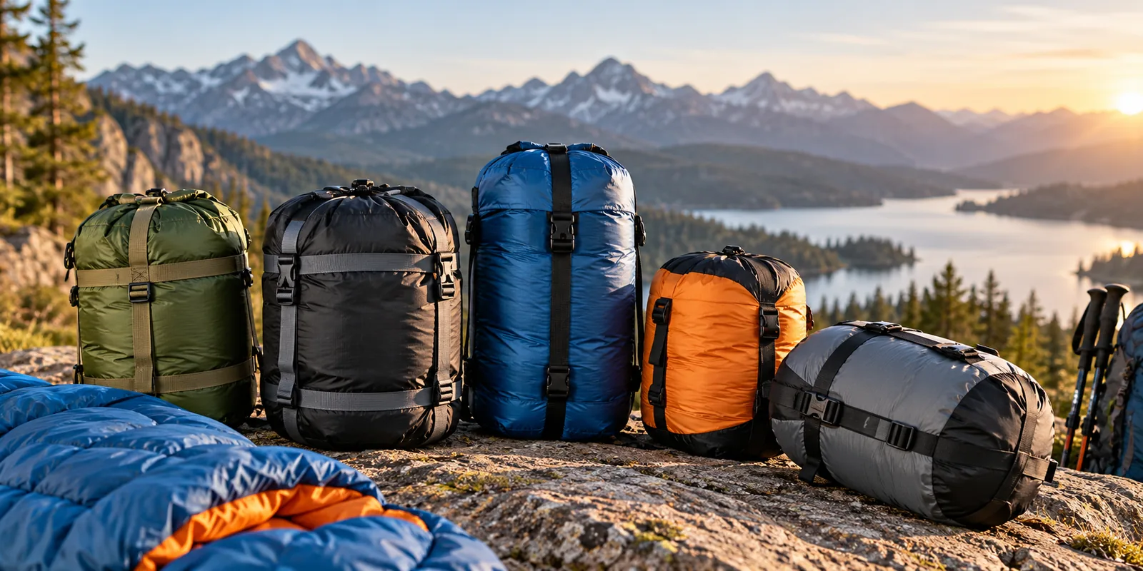 Several differently sized sleeping-bag compression sacks are arranged beside a sleeping bag at a mountain campsite.