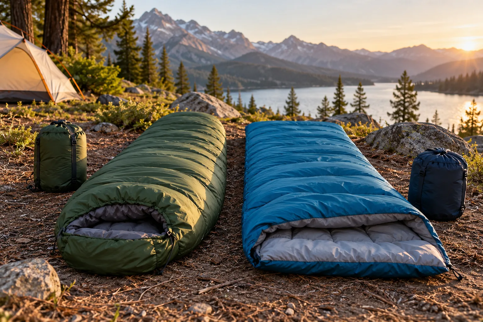 Two unbranded sleeping bags and their stuff sacks laid side by side on an outdoor campsite.