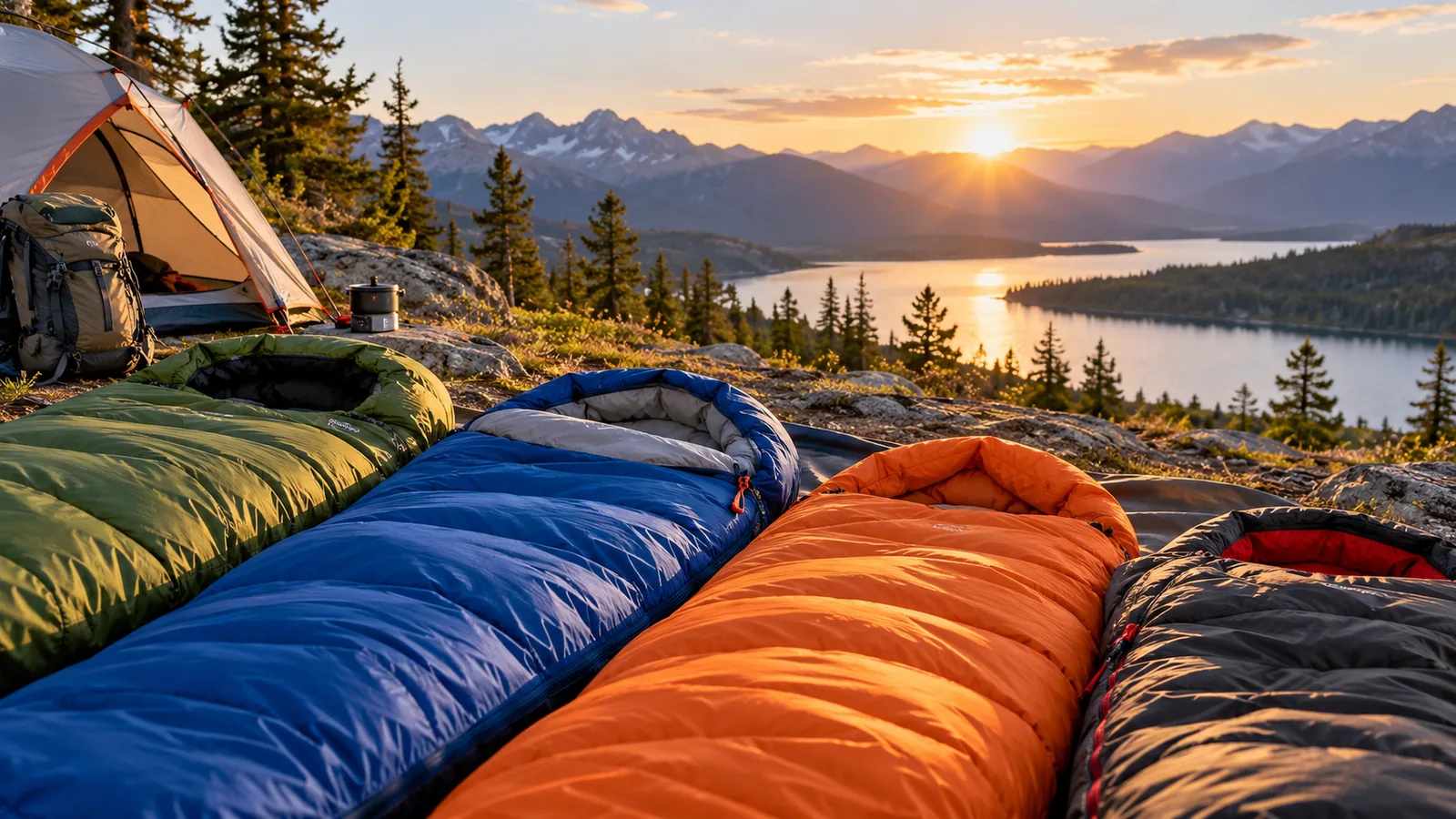 Several sleeping bags arranged at a mountain campsite.