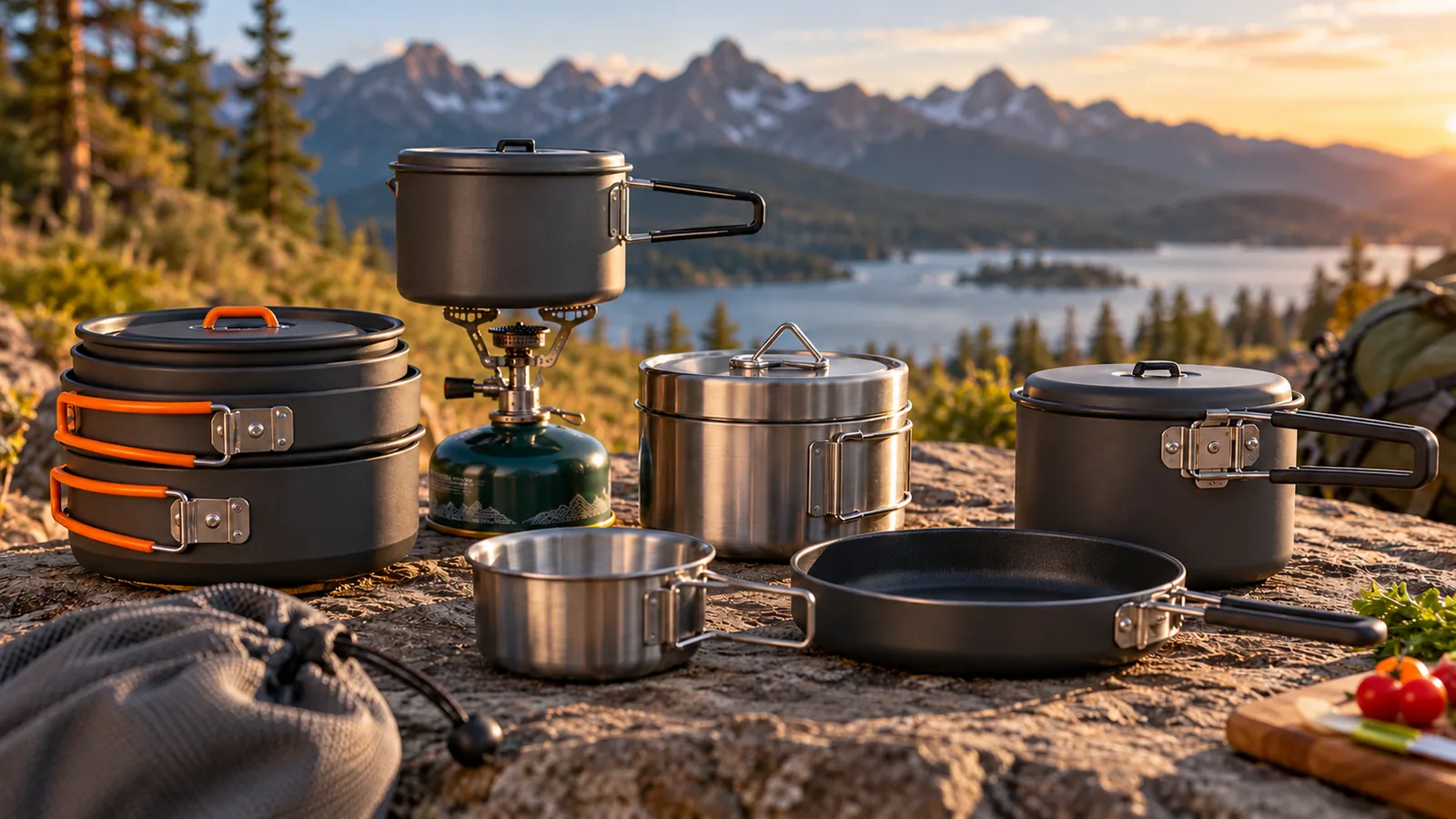 Compact camping pots, nested pans and a small stove are arranged at a mountain campsite.