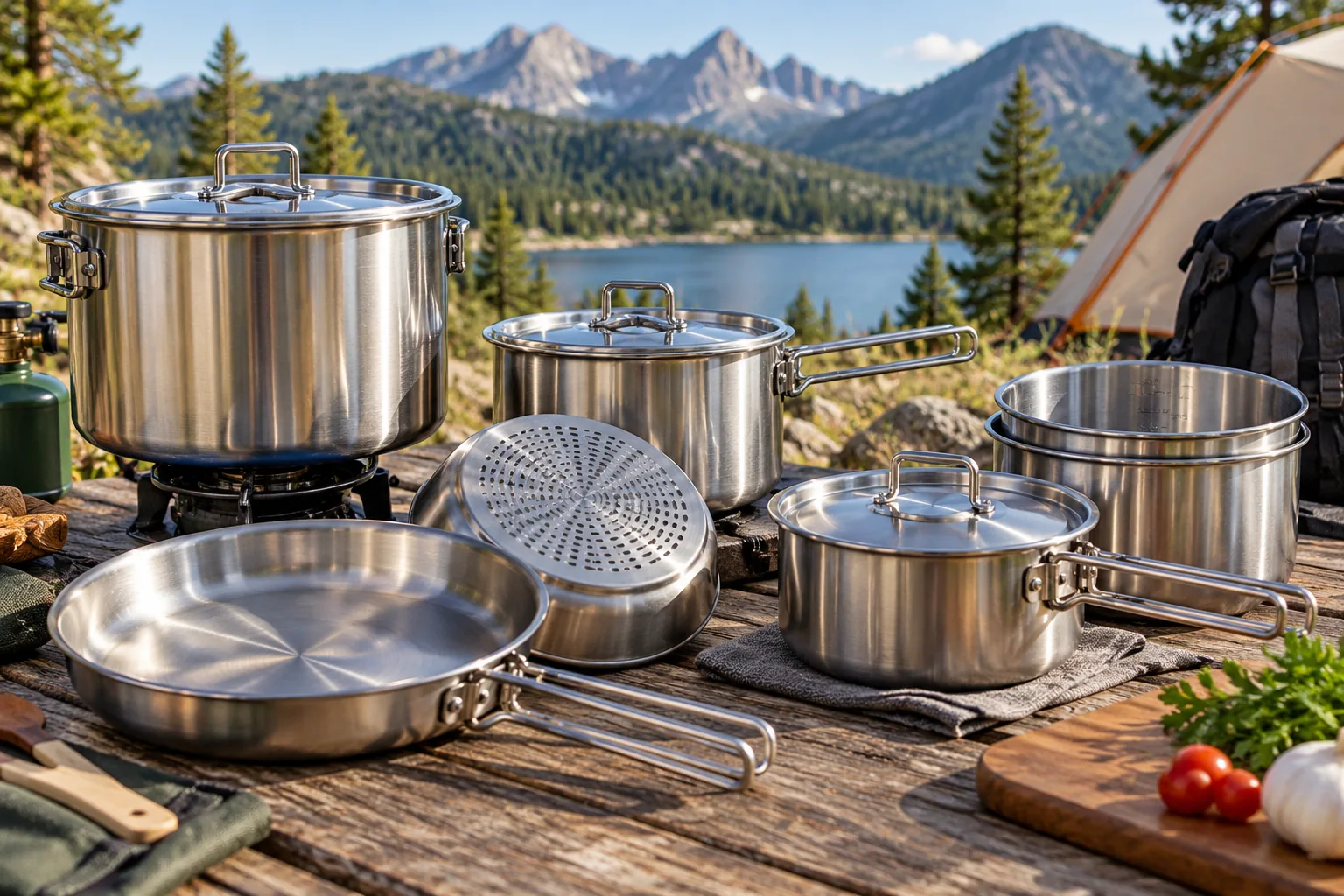 Stainless steel camping pots and pans arranged on a wooden table beside a lakeside tent.