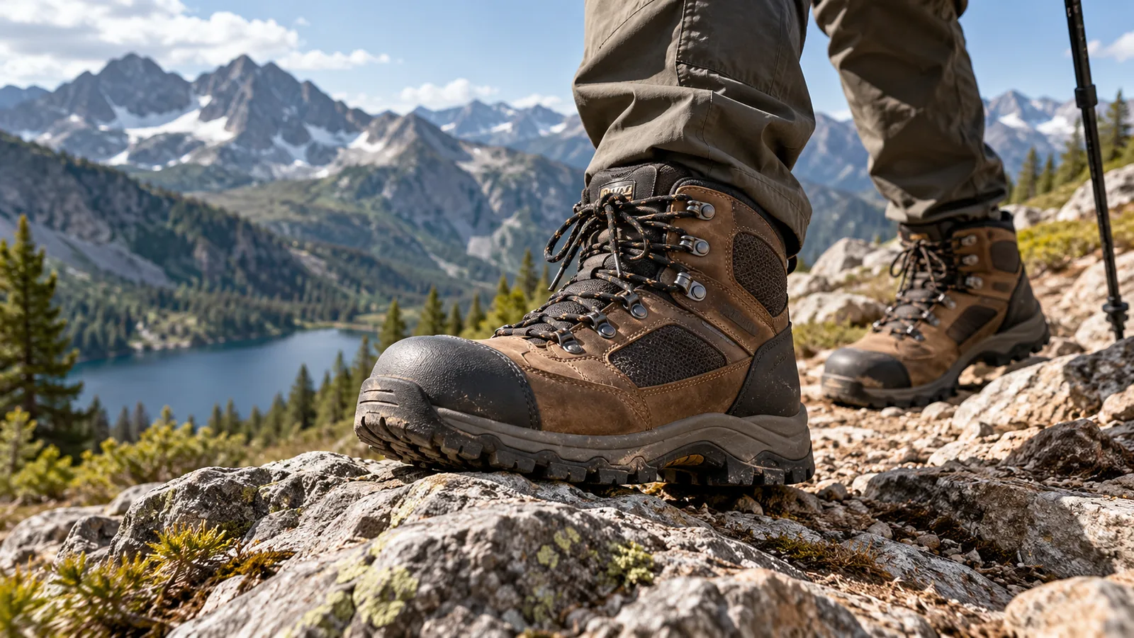 A hiker wears rugged brown boots while walking on a rocky alpine trail.