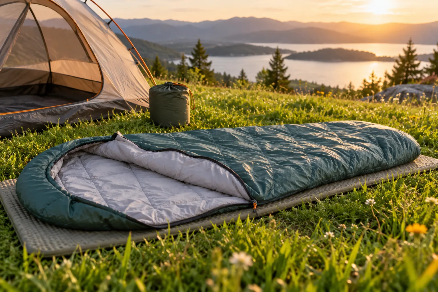 A thin summer sleeping bag lies unzipped on a mat beside a small stuff sack and tent in a green meadow.