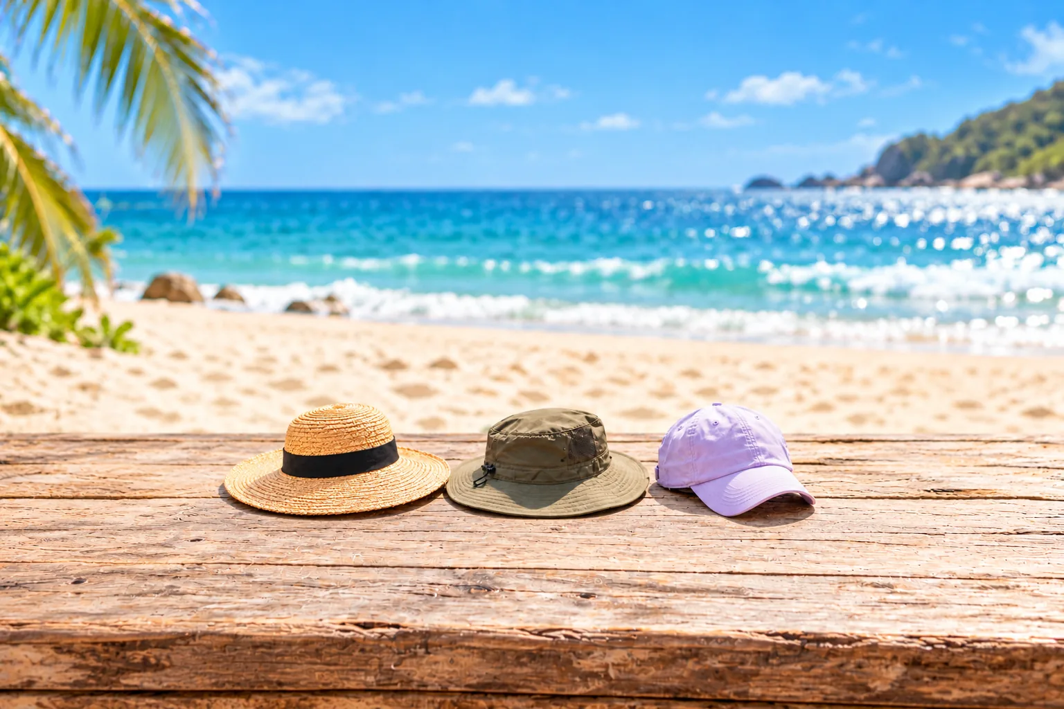 Three sun hats in different styles are arranged on a table at the beach.