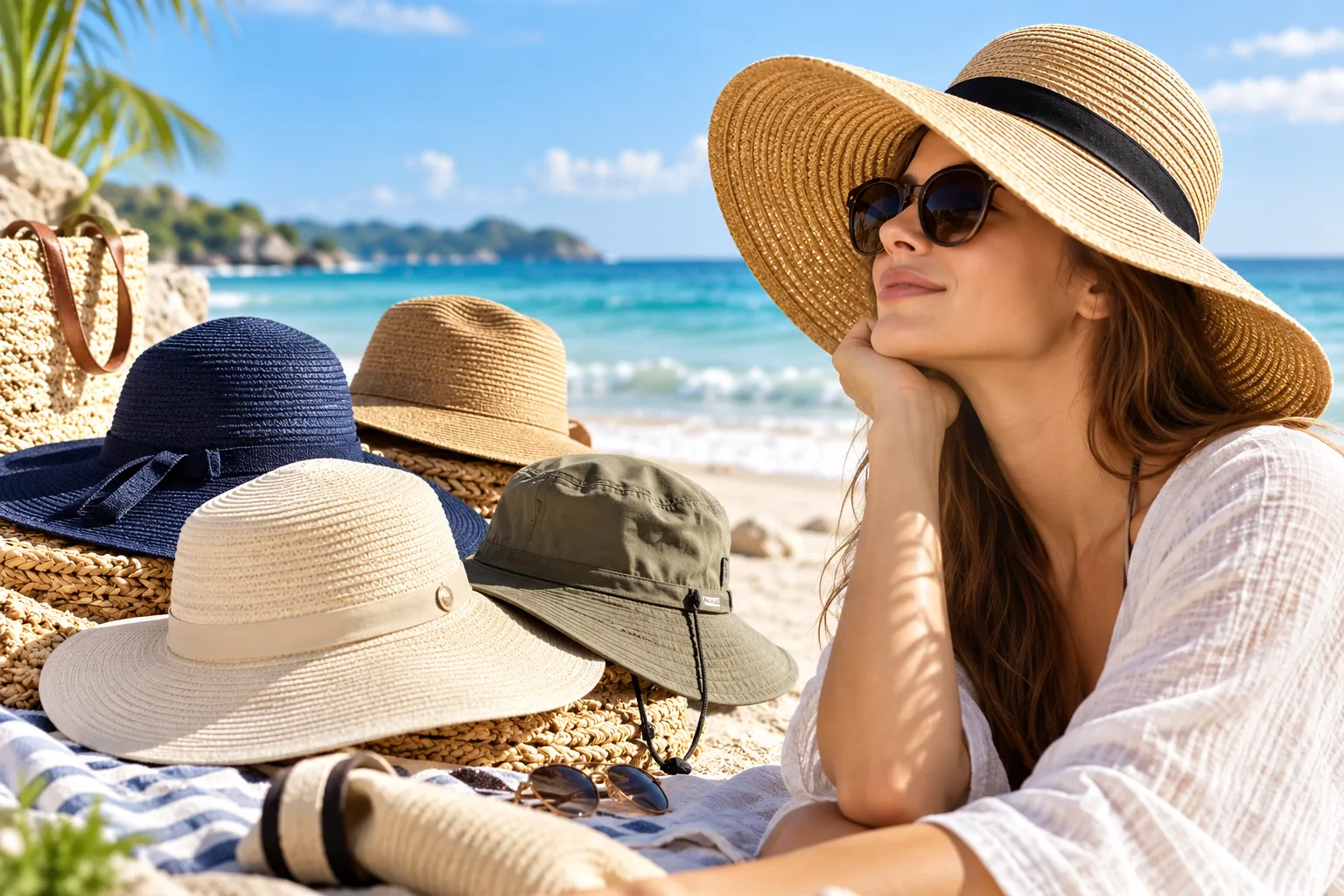A woman wearing a broad sun hat at the beach beside other hats.