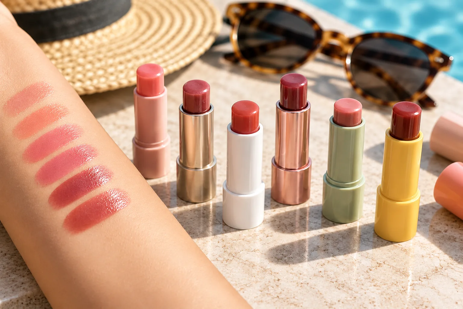 Unmarked tinted lip balm sticks in several shades sit beside arm swatches and sunglasses.