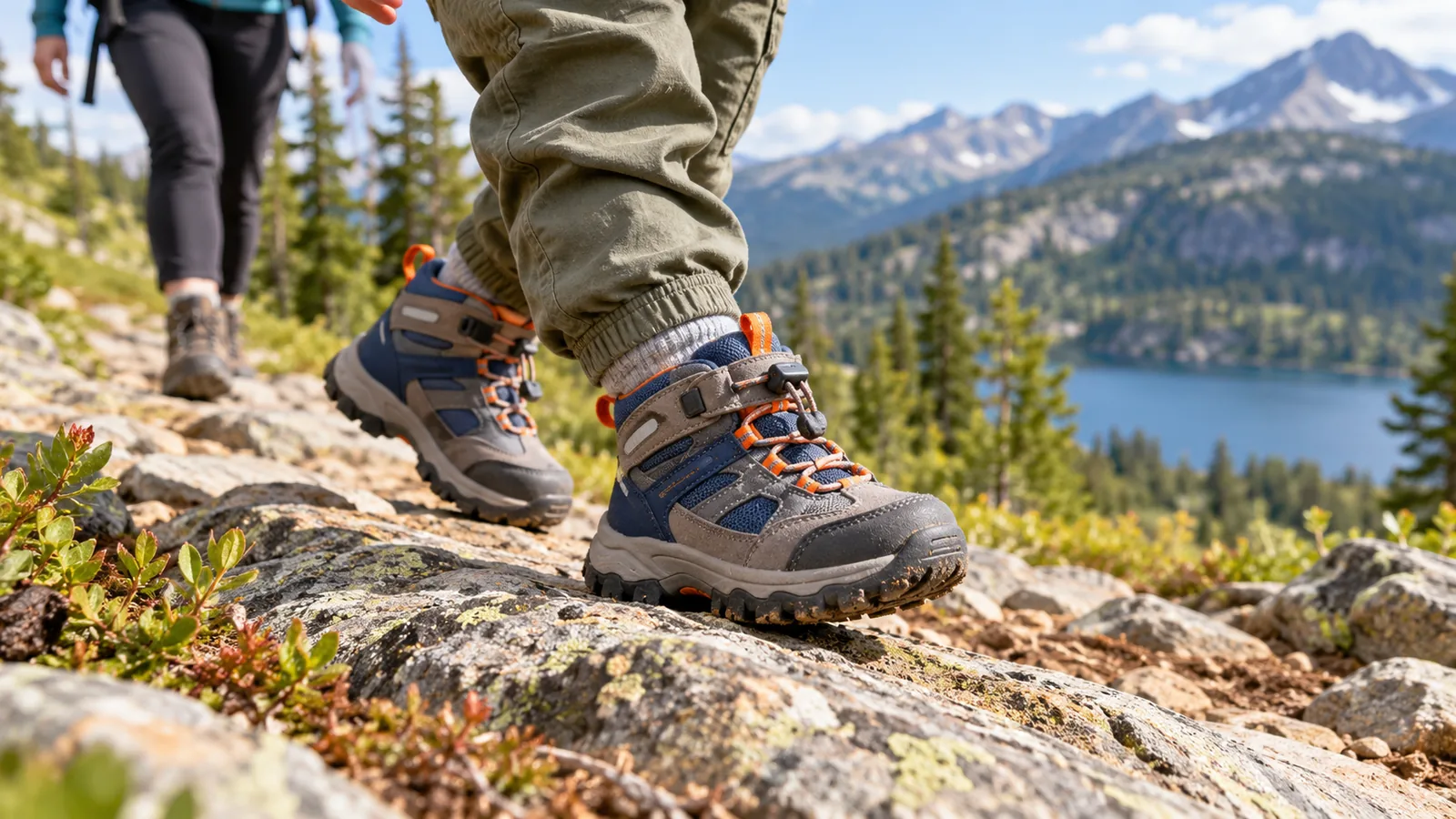 A child wearing gray and blue hiking boots walks along a rocky trail with an adult nearby.