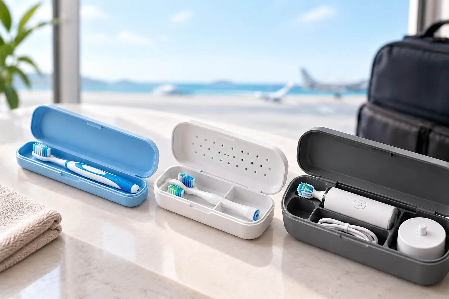 Open travel toothbrush cases with a manual brush, electric toothbrush parts and charging accessories on a bathroom counter.