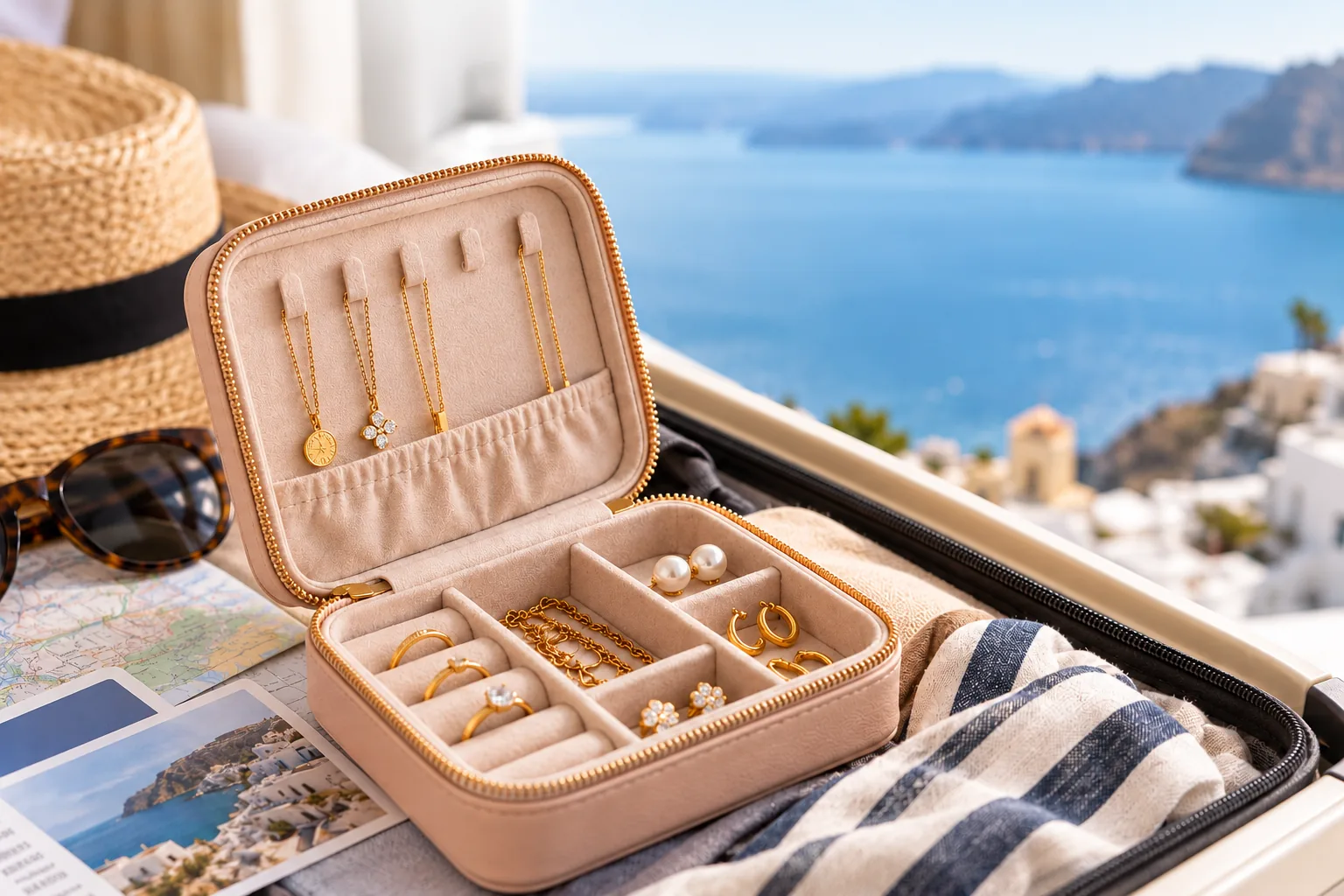 An open jewelry travel case with necklaces, rings and earrings in separate compartments.