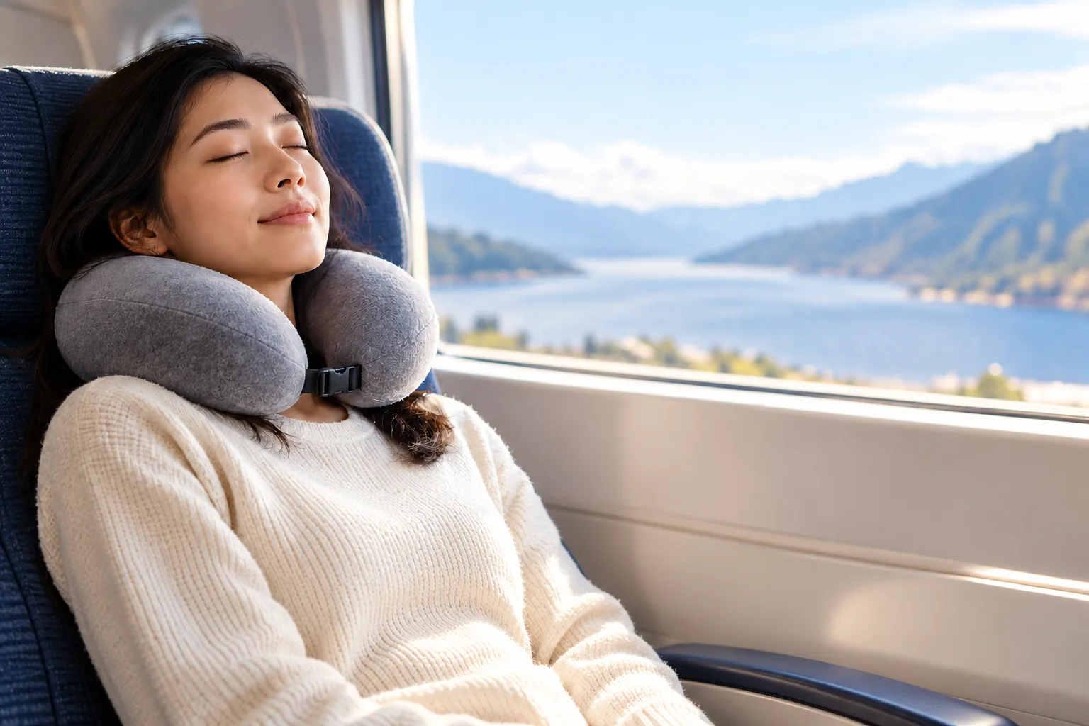 A traveler rests in a seat wearing a gray U-shaped neck pillow.