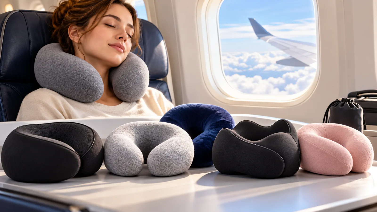 A traveler wearing a gray neck pillow on an airplane, with several other travel pillows displayed on the tray.