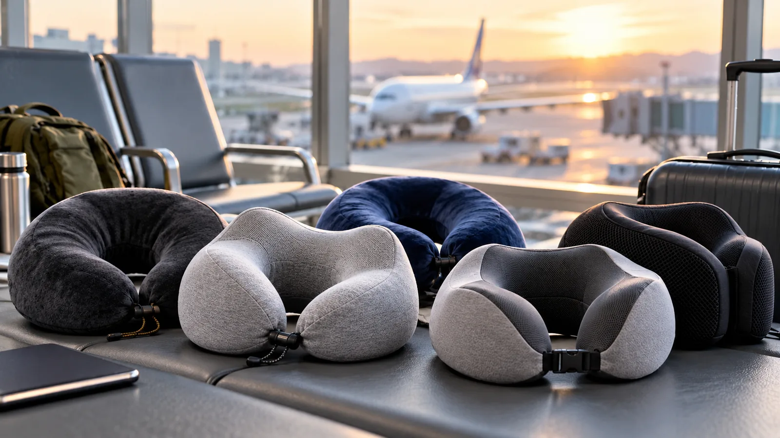 Several plain travel neck pillows in different shapes arranged in an airport lounge.