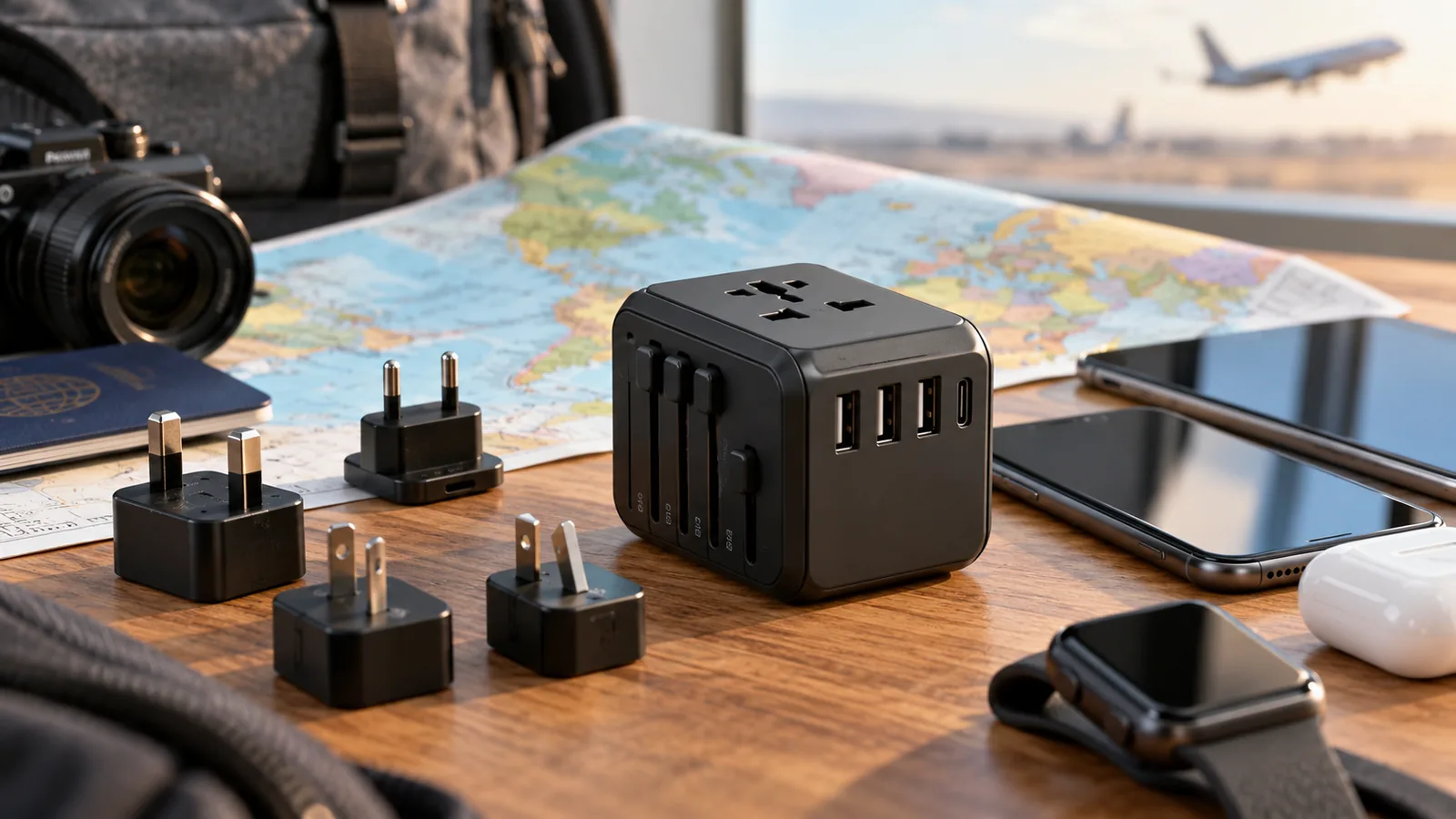 A universal travel adapter with interchangeable plug heads and USB ports sits among phones and travel gear.