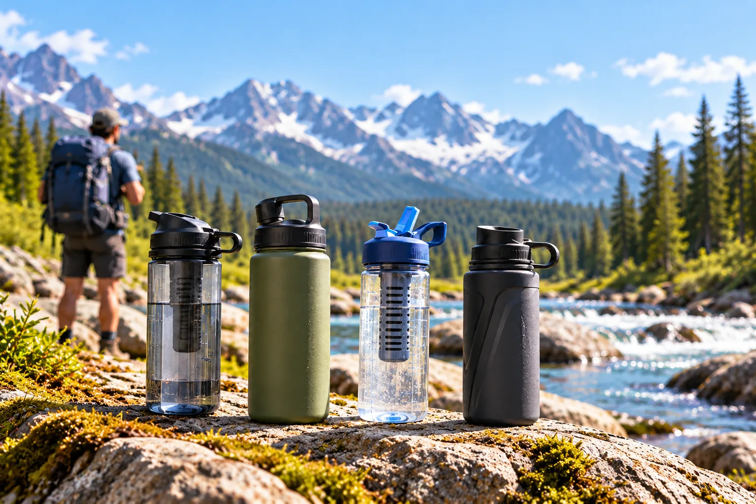 Four travel water filter bottles arranged beside a mountain stream, with a hiker and backpack in the background.