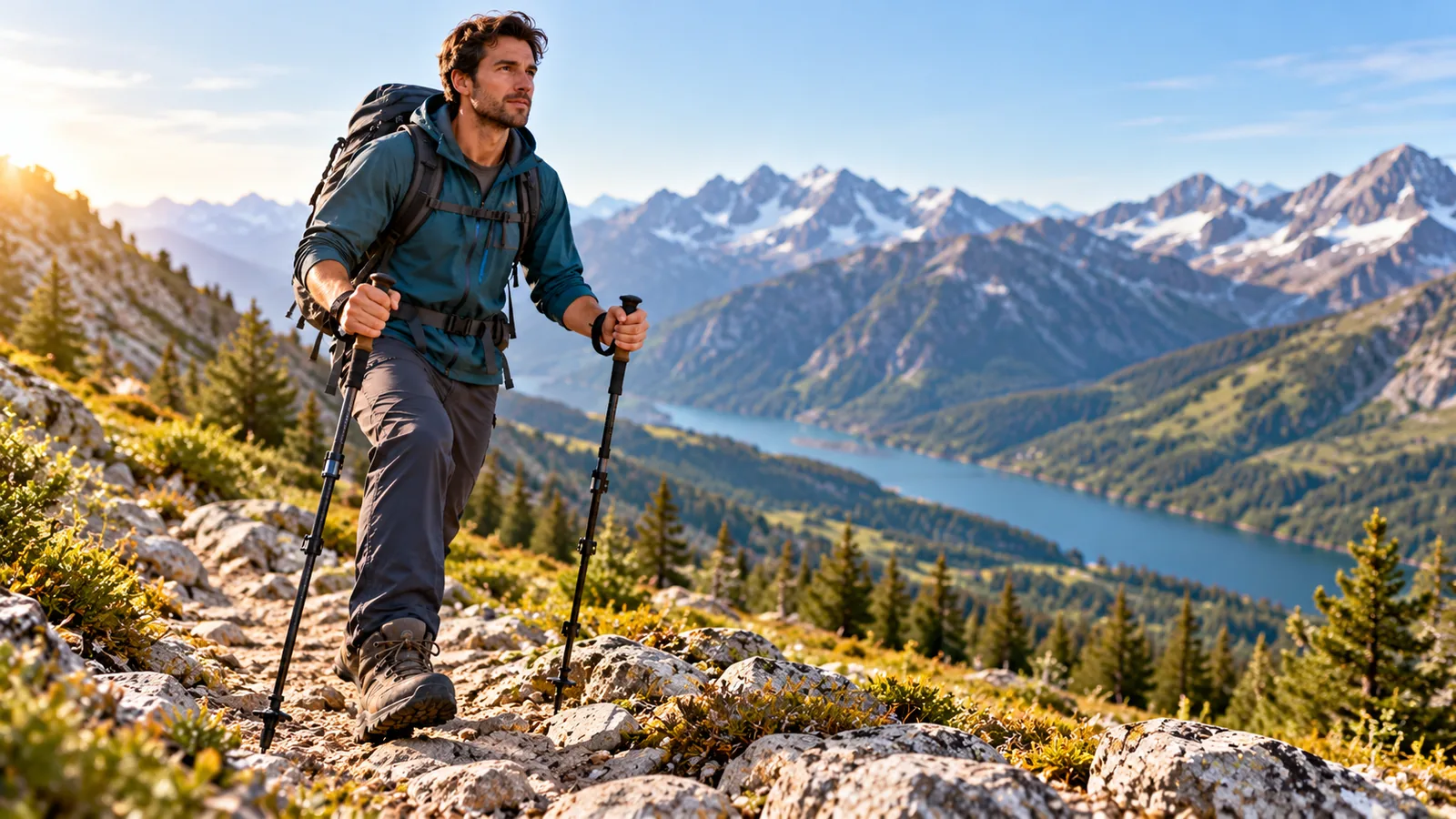 A hiker using two trekking poles on a rocky mountain trail beside an alpine lake.