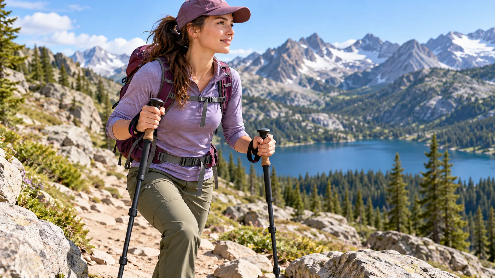 A woman uses unbranded trekking poles on a rocky alpine path beside a mountain lake.