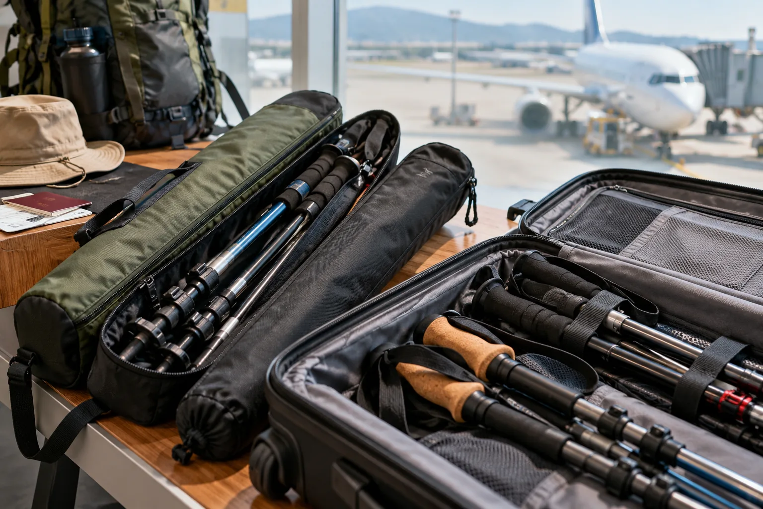 Trekking poles packed in travel cases beside luggage.