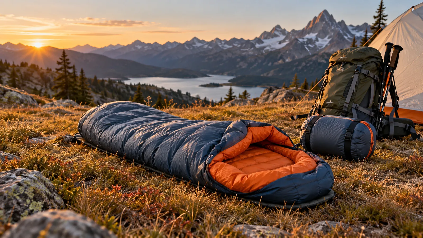 A lightweight trekking sleeping bag partially unrolled beside a compact stuff sack and backpack on an alpine meadow.