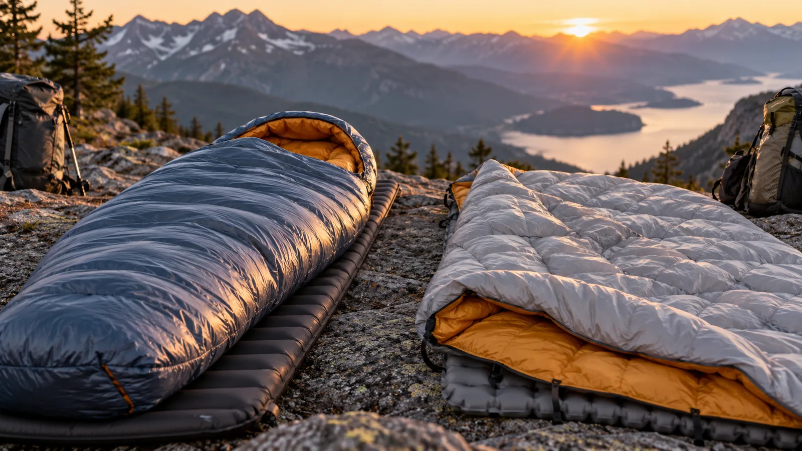 A closed sleeping bag and an open quilt lie on separate sleeping pads at a mountain campsite.