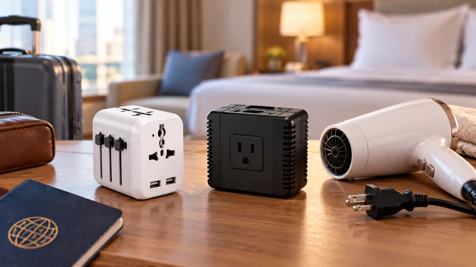 A universal travel plug adapter and separate voltage converter sit beside a travel hair dryer on a hotel desk.