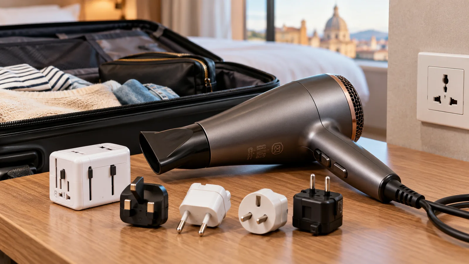 An unplugged hair dryer and several travel plug adapters rest on a hotel table in front of an open suitcase.