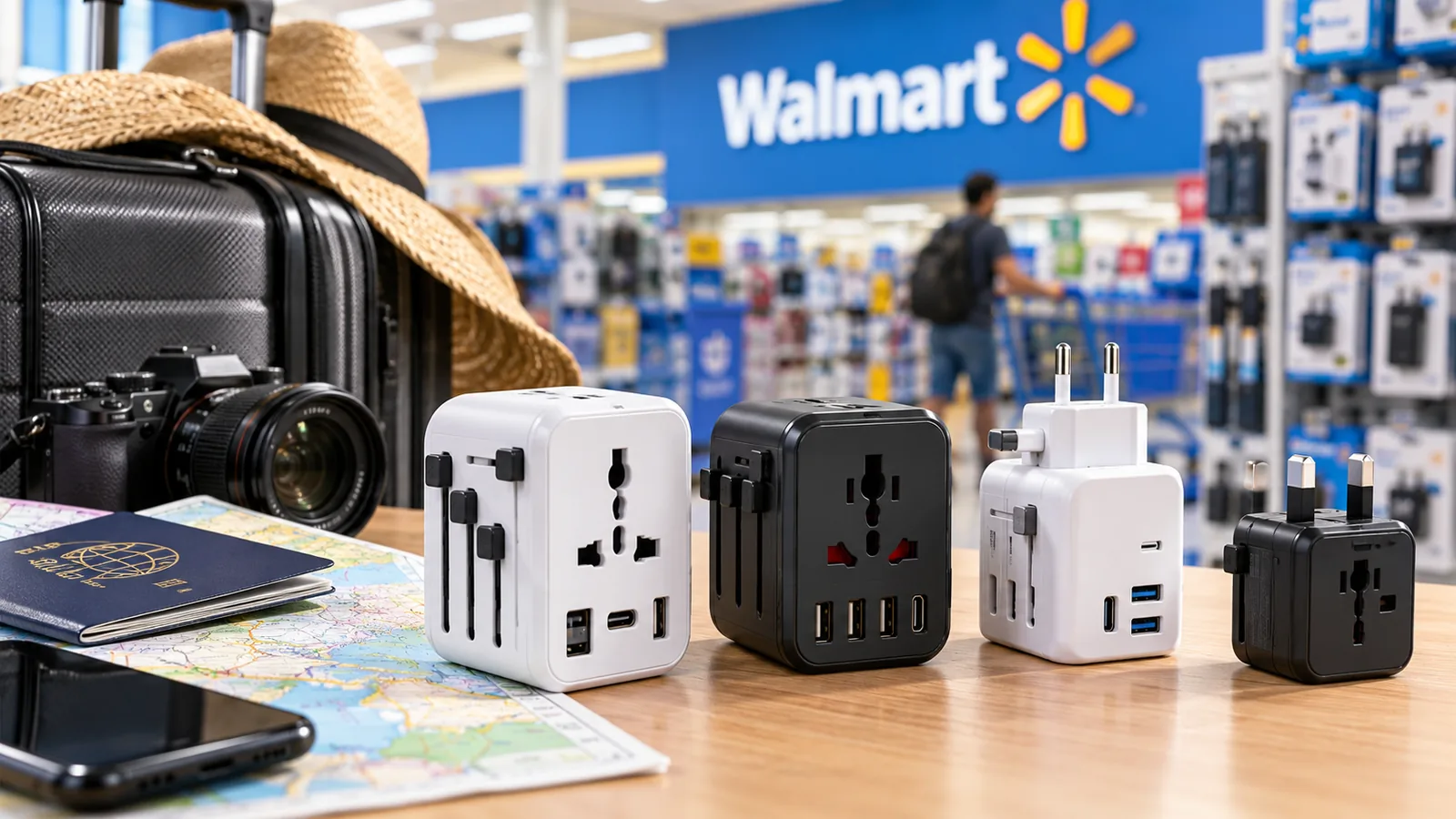 Several universal travel adapters are displayed on a counter in a Walmart electronics section beside travel luggage.