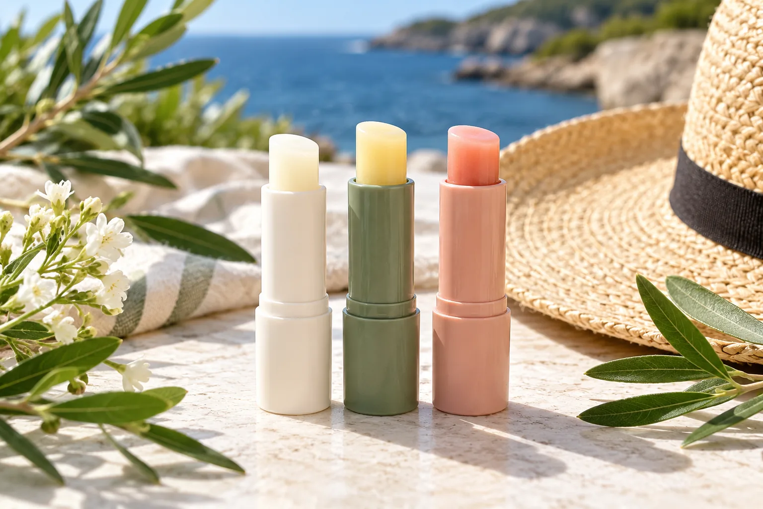 Three plain lip balm tubes with botanical leaves and a sun hat on an outdoor table.