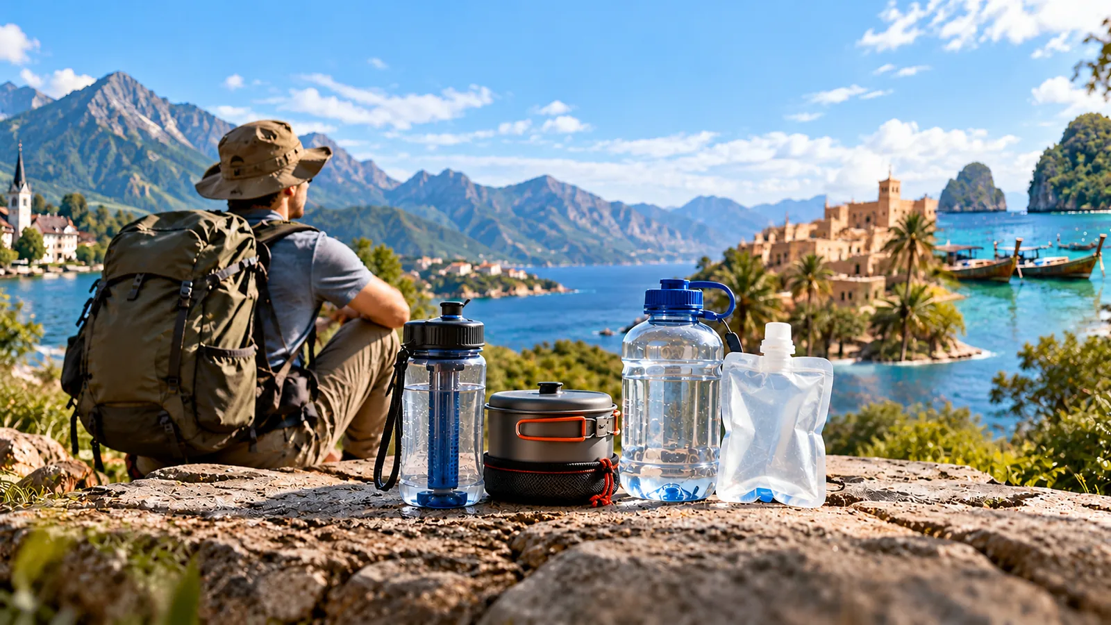 A hiker seated beside a black bottle, a compact lidded cooking pot, and clear water containers on a rocky overlook.