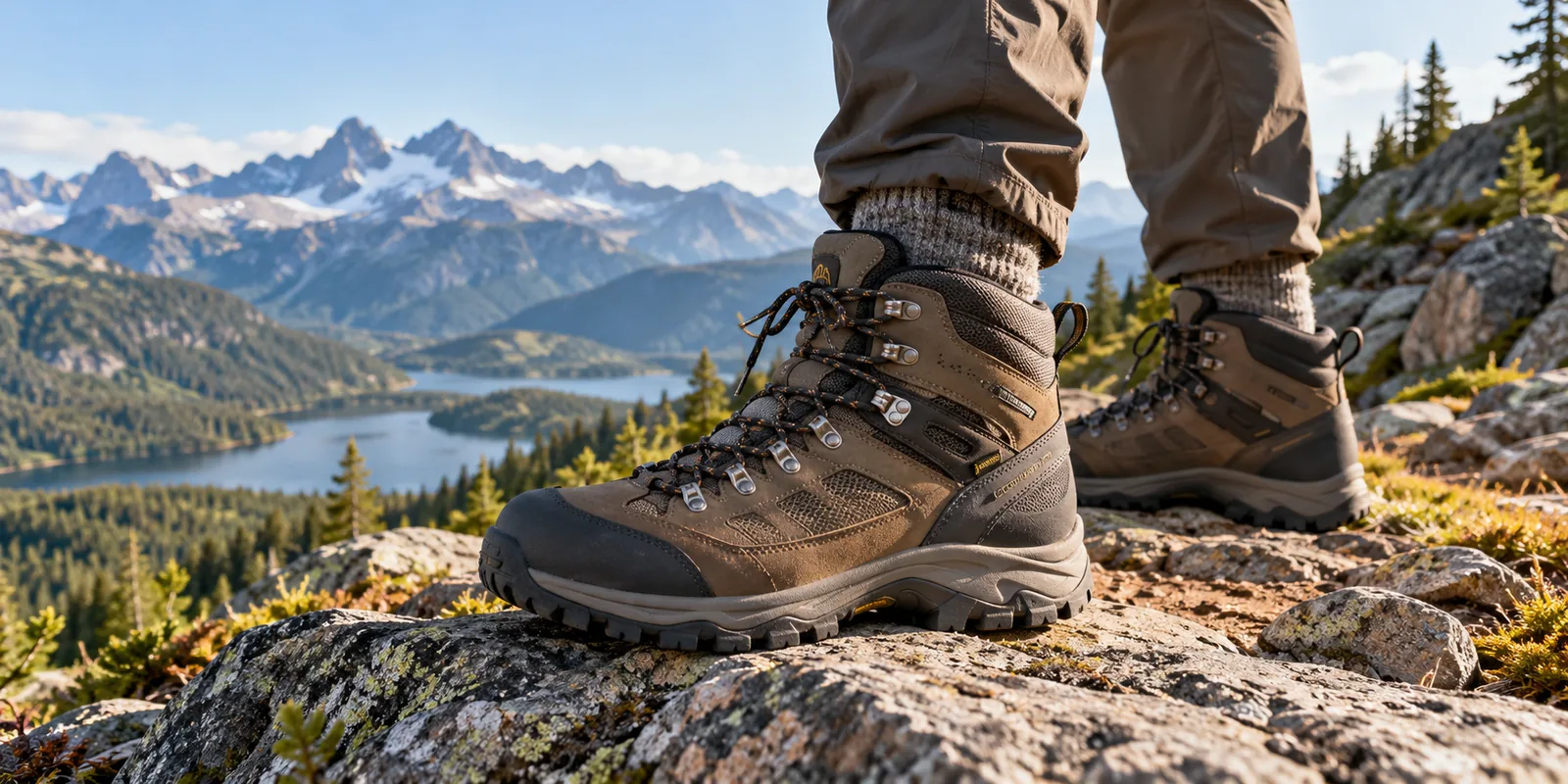 A hiker wears a sturdy hiking boot on a rocky mountain trail.