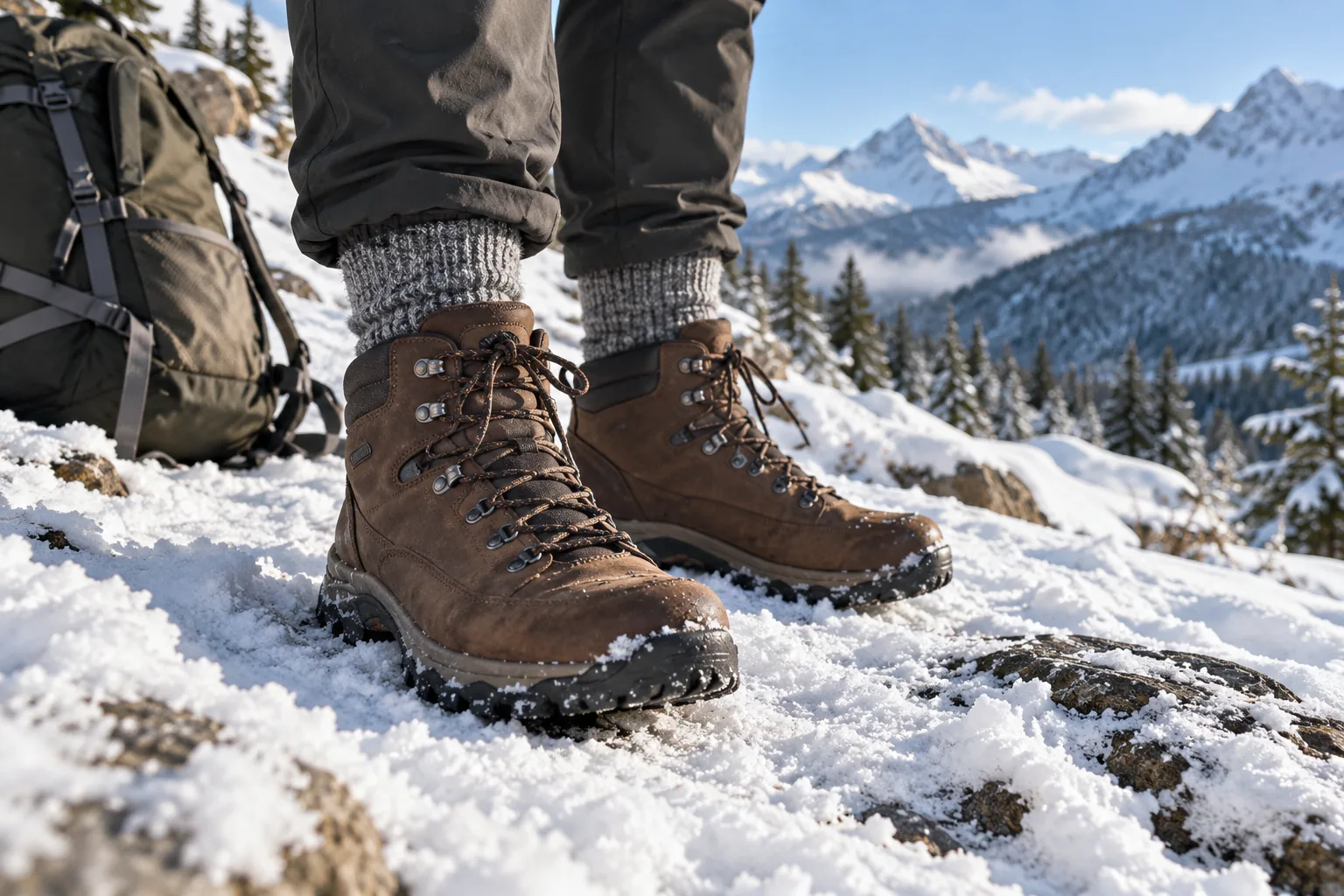 A pair of plain generic brown hiking boots with wool socks on a snowy mountain trail.