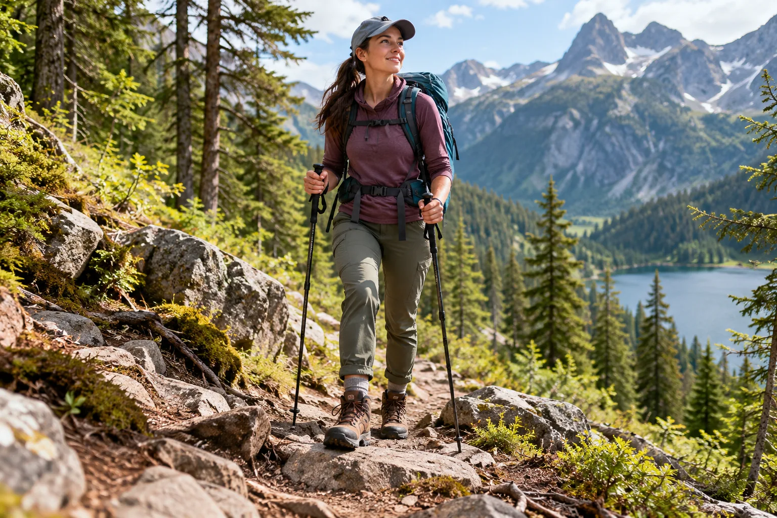 A woman wearing hiking boots walks along a rocky mountain trail.
