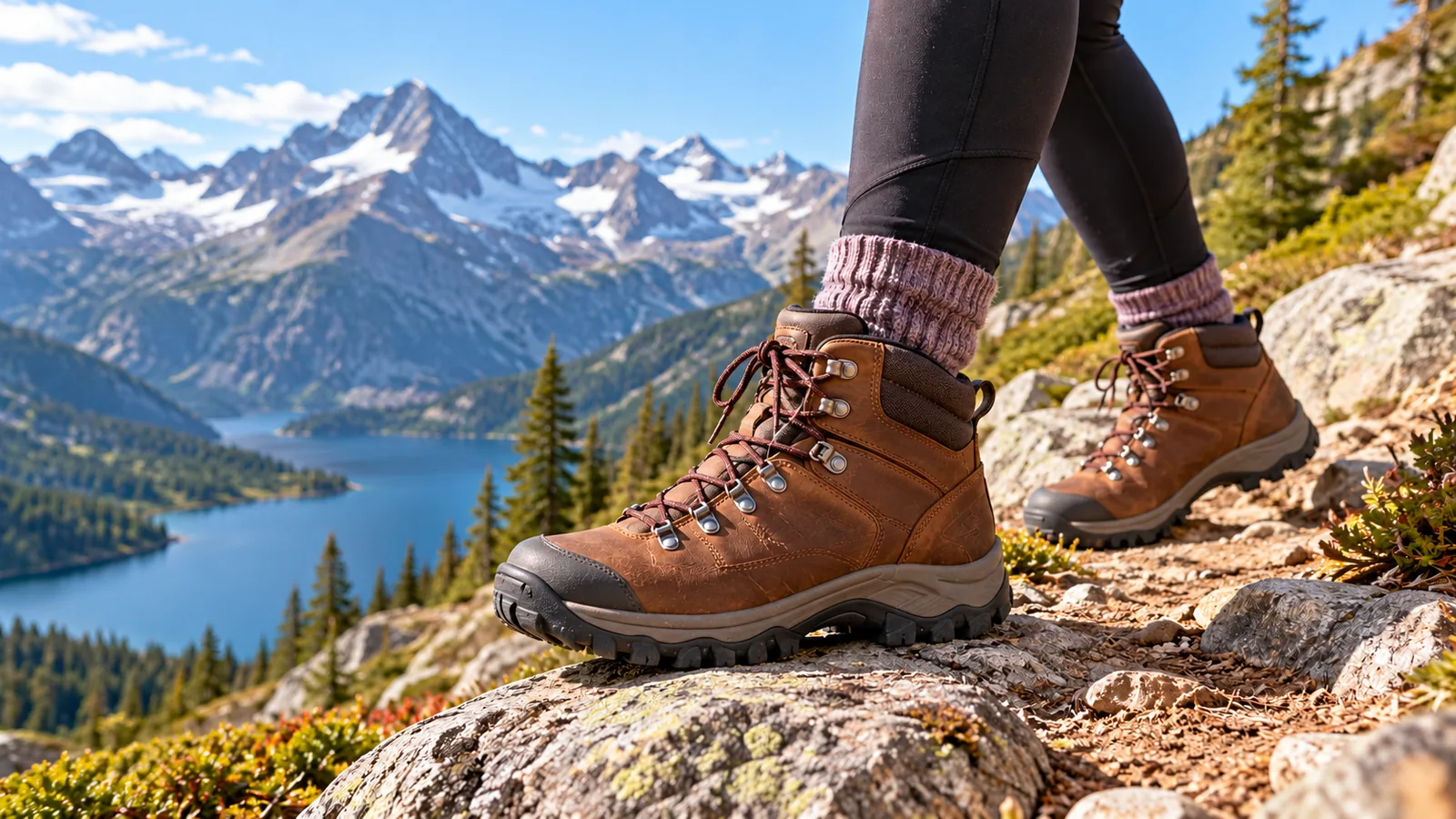 A woman wears unbranded brown leather hiking boots on a rocky alpine trail.