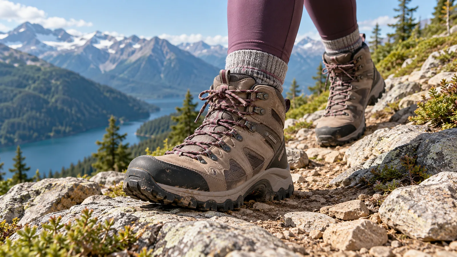 A hiker wearing brown hiking boots stands on a rocky mountain trail beside a lake.