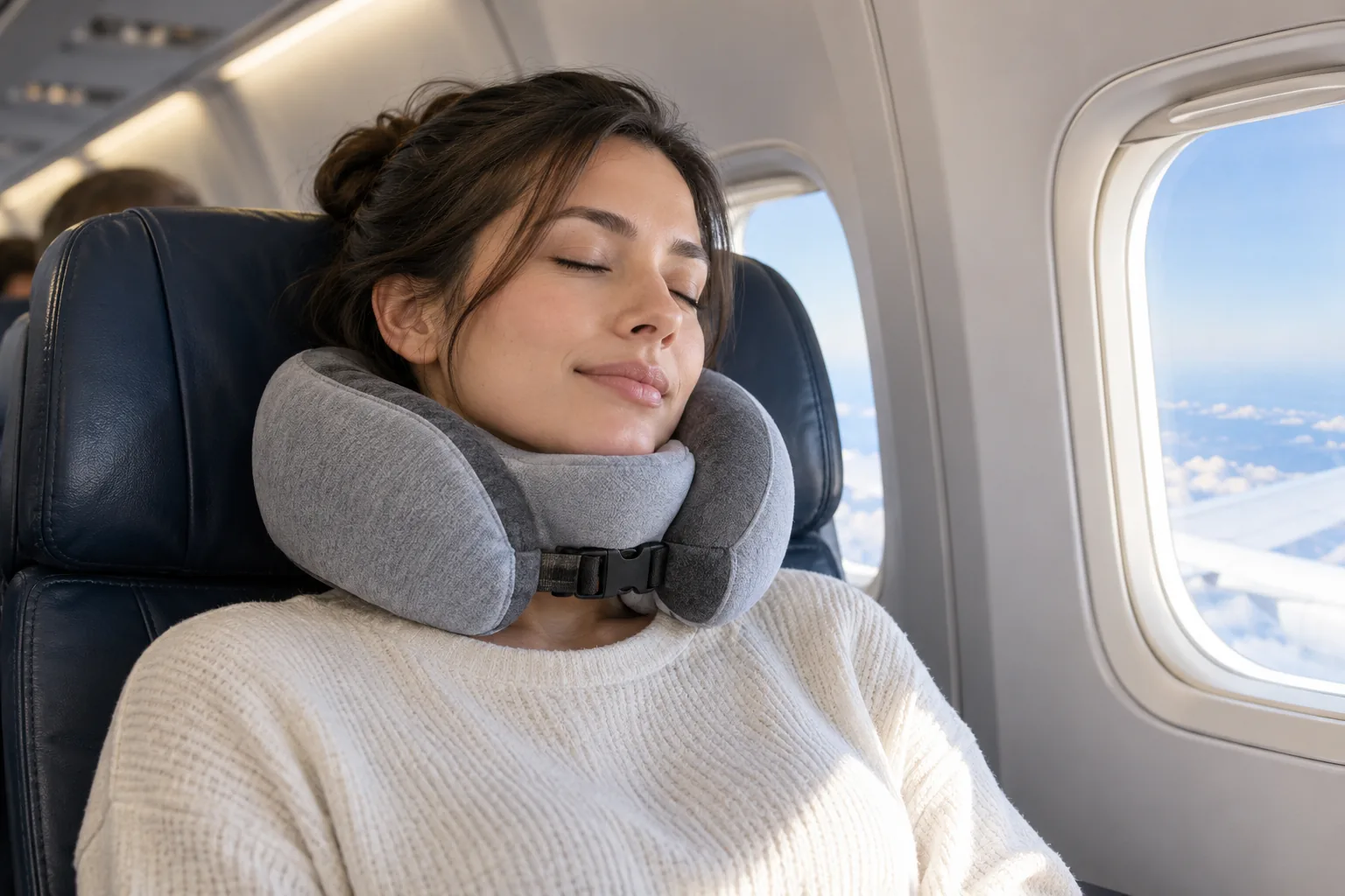 A traveler wears a gray wraparound neck pillow with a front clasp while seated on an airplane.