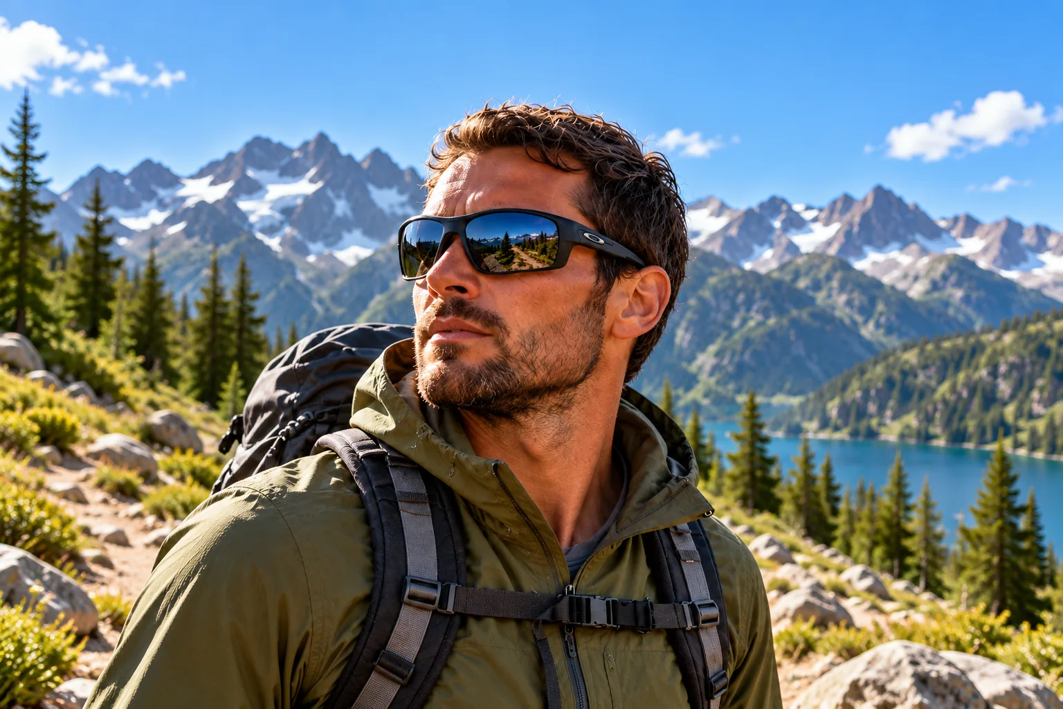 A hiker wears wraparound sunglasses on an alpine trail.