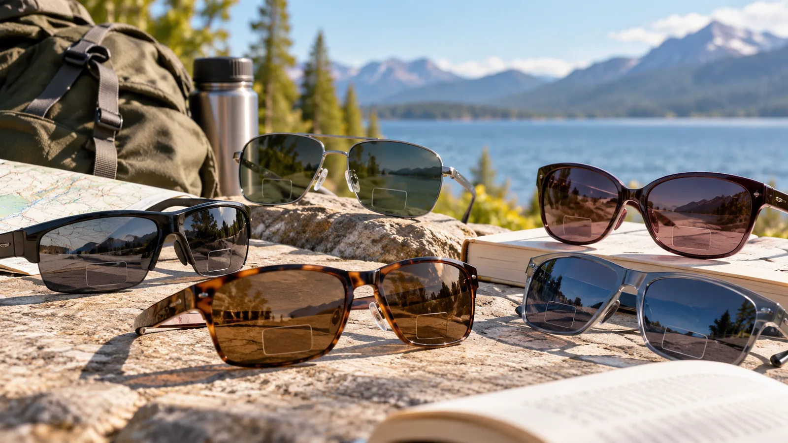 Several pairs of sunglasses with visible lower reading segments are arranged at an outdoor lakeside.