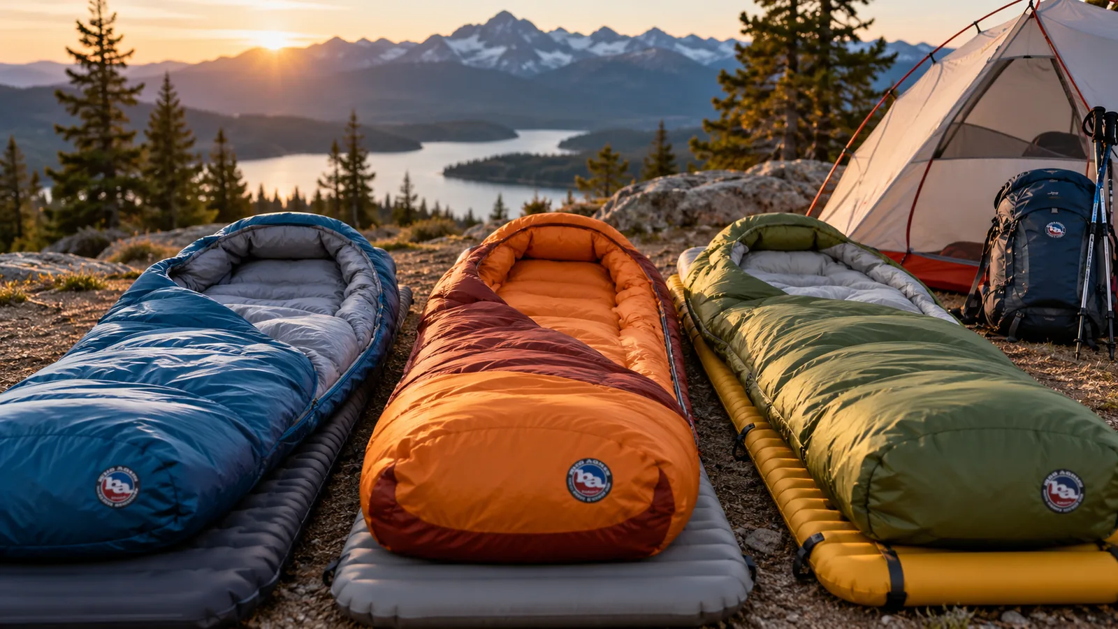 Three sleeping bags lie on sleeping pads at a mountain campsite beside a tent and backpack.