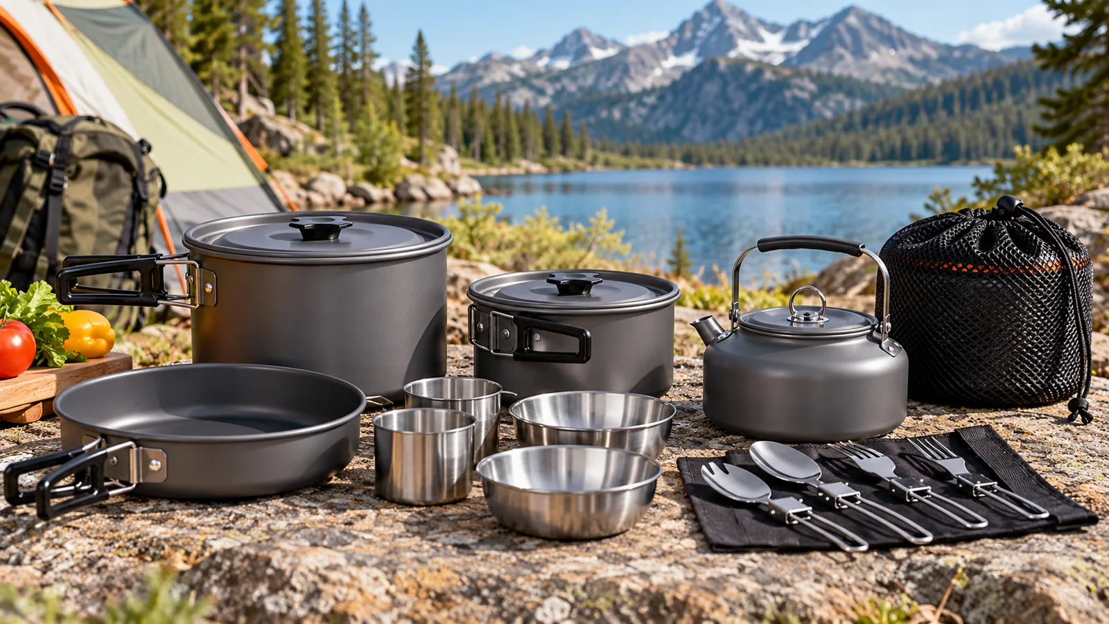 Metal camping pots, a frying pan, kettle, bowls and utensils arranged beside a tent and mountain lake.