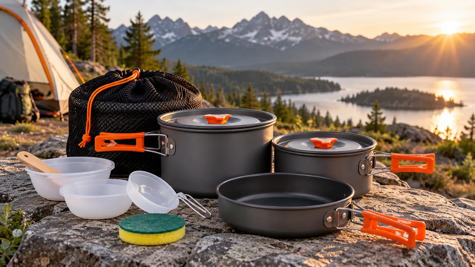 Camping pots, a pan, bowls and a mesh storage bag arranged on rocks at a lakeside campsite.